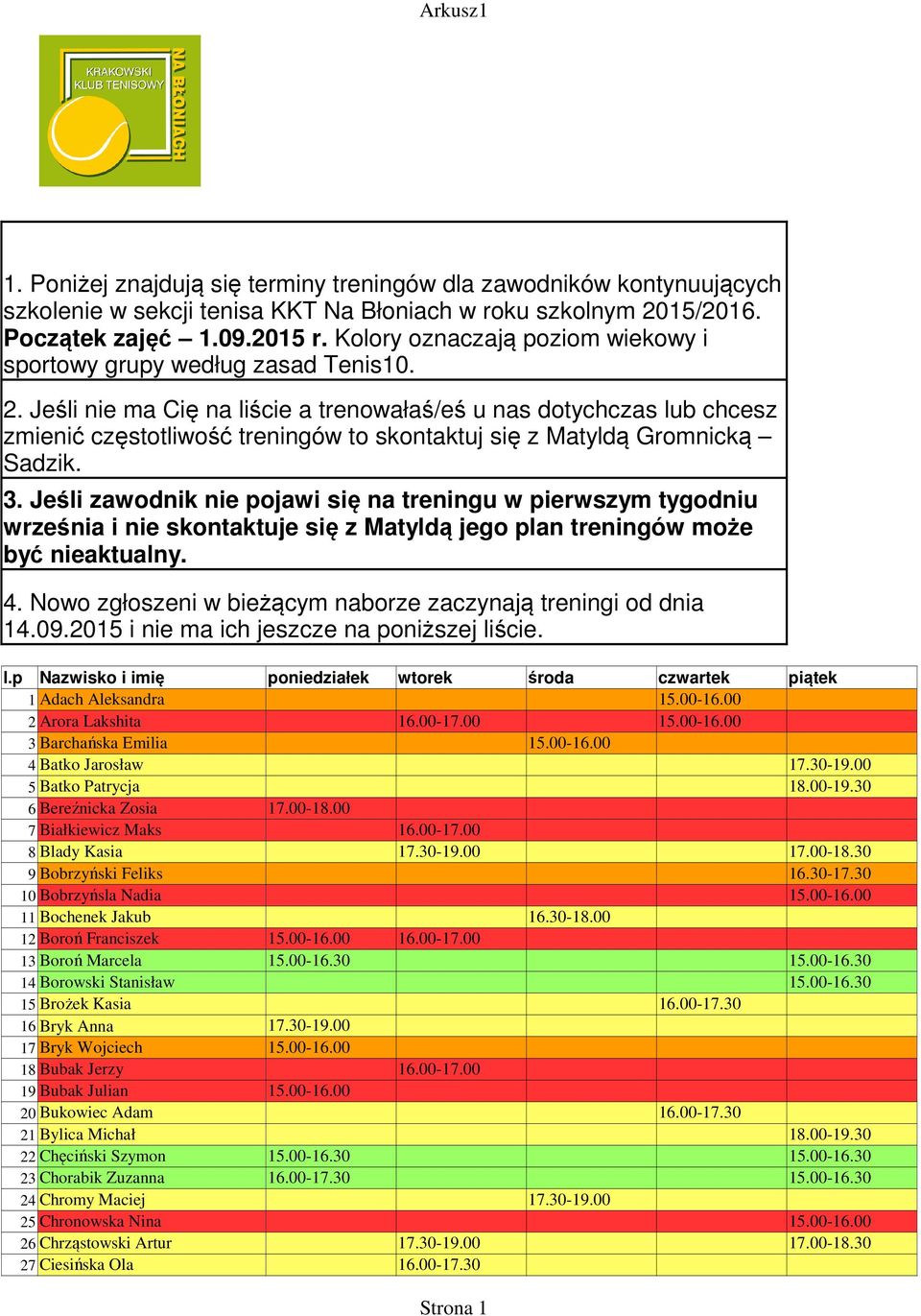 Jeśli nie ma Cię na liście a trenowałaś/eś u nas dotychczas lub chcesz zmienić częstotliwość treningów to skontaktuj się z Matyldą Gromnicką Sadzik. 3.