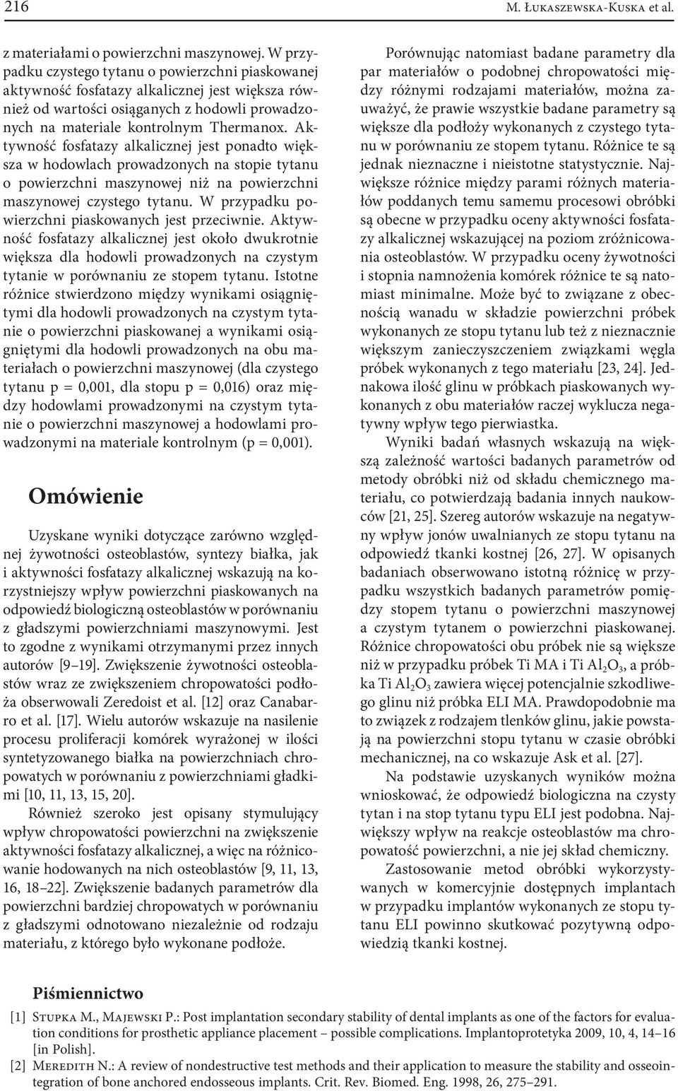 Aktywność fosfatazy alkalicznej jest ponadto większa w hodowlach prowadzonych na stopie tytanu o powierzchni maszynowej niż na powierzchni maszynowej czystego tytanu.