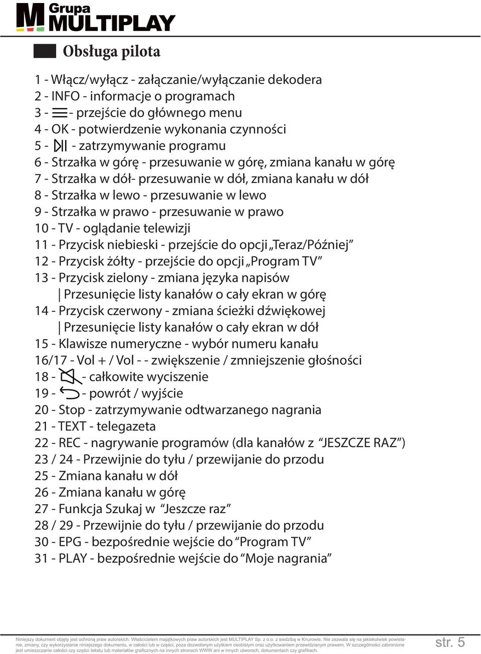 telewizji 11 Przycisk niebieski przejście do opcji Teraz/Później 12 Przycisk żółty przejście do opcji Program TV 13 Przycisk zielony zmiana języka napisów Przesunięcie listy kanałów o cały ekran w