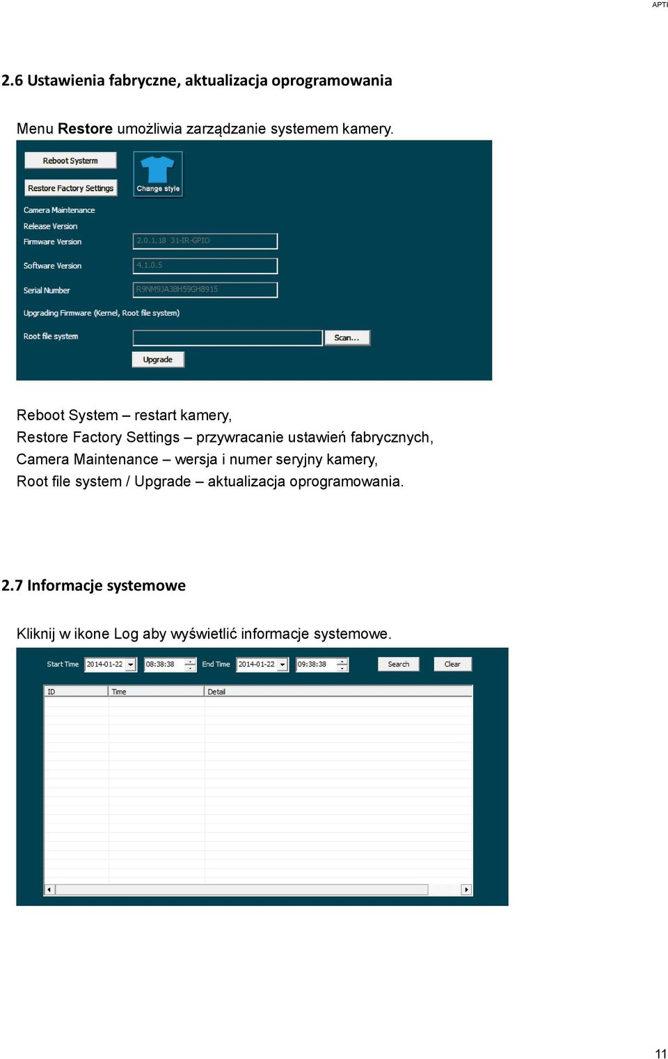 Reboot System restart kamery, Restore Factory Settings przywracanie ustawień fabrycznych, Camera