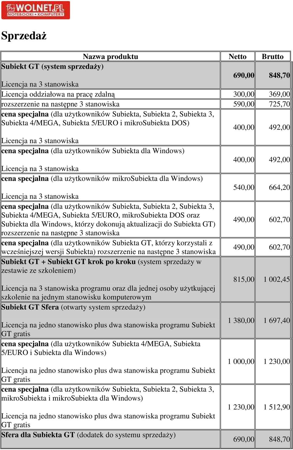 specjalna (dla użytkowników Subiekta, Subiekta 2, Subiekta 3, Subiekta 4/MEGA, Subiekta 5/EURO, mikrosubiekta DOS oraz Subiekta dla Windows, którzy dokonują aktualizacji do Subiekta GT) rozszerzenie