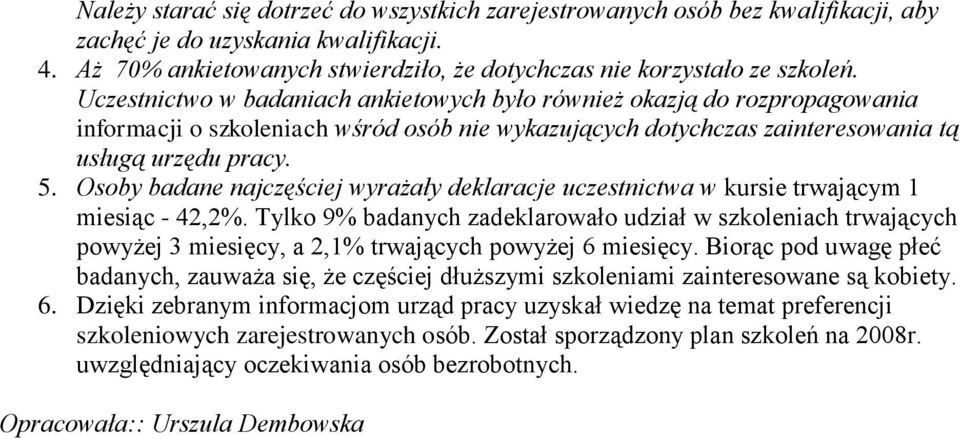 Osoby badane najczęściej wyrażały deklaracje uczestnictwa w kursie trwającym 1 miesiąc - 42,2%.