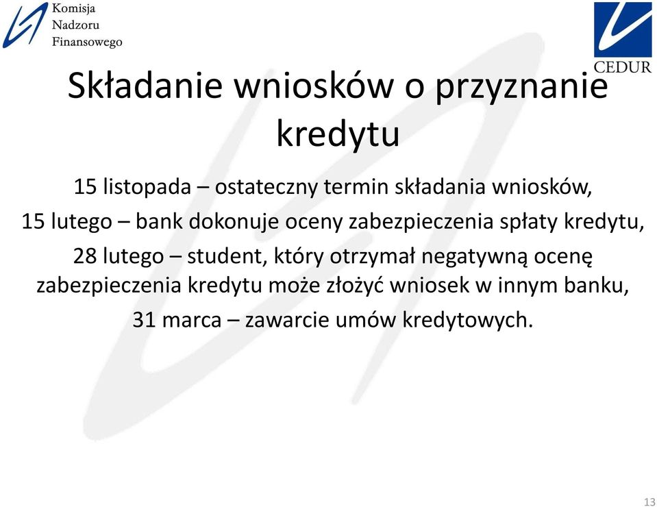 kredytu, 28 lutego student, który otrzymał negatywną ocenę zabezpieczenia