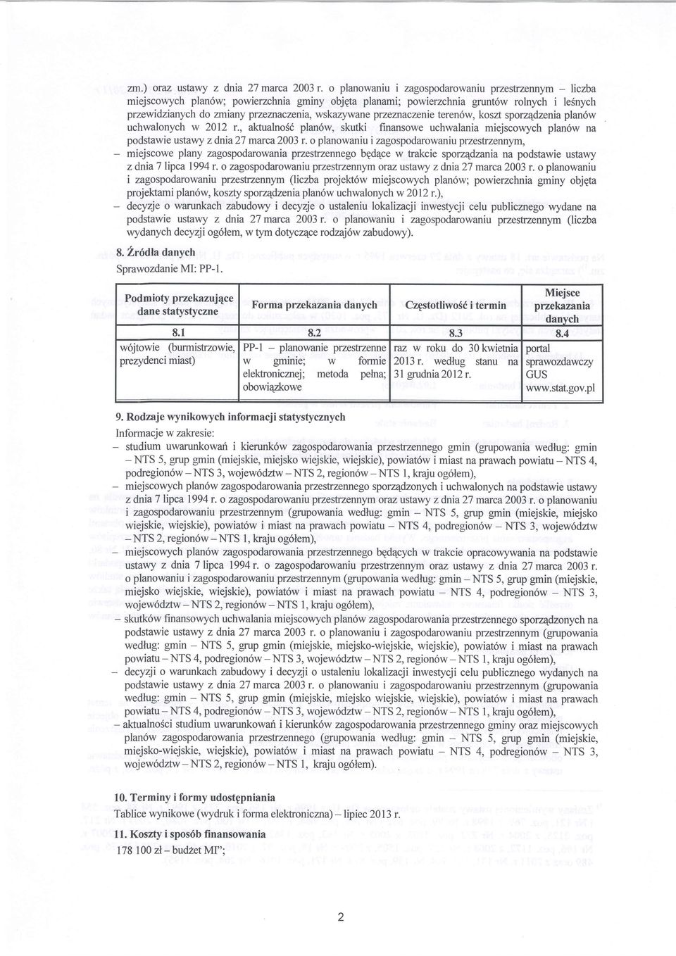 wskazywane przemaczente teren6w, koszt sporzqdzenia plan6w uchwalonych w 2012 r., aktualnosi plan6w, skutki finansowe uchwalania miejscowych plan6w na podstawie ustawy zdnia2l marca2003 r.