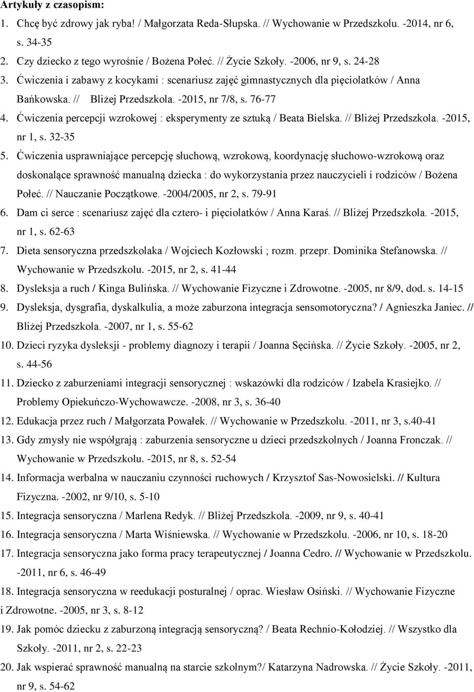 Ćwiczenia percepcji wzrokowej : eksperymenty ze sztuką / Beata Bielska. // Bliżej Przedszkola. -2015, nr 1, s. 32-35 5.