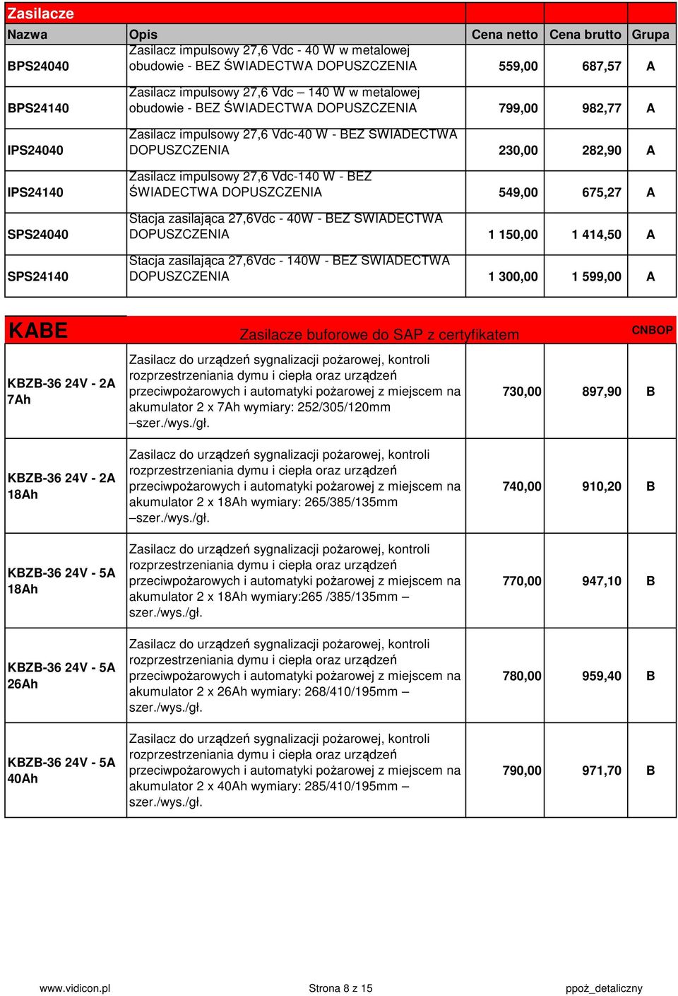 DOPUSZCZENIA 549,00 675,27 A Stacja zasilająca 27,6Vdc - 40W - EZ ŚWIADECTWA DOPUSZCZENIA 1 150,00 1 414,50 A Stacja zasilająca 27,6Vdc - 140W - EZ ŚWIADECTWA DOPUSZCZENIA 1 300,00 1 599,00 A KAE