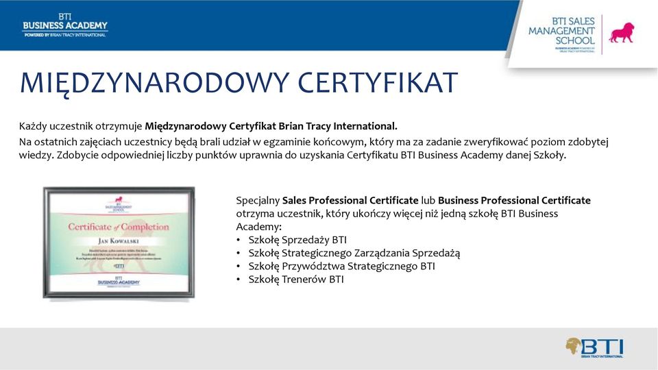 Zdobycie odpowiedniej liczby punktów uprawnia do uzyskania Certyfikatu BTI Business Academy danej Szkoły.