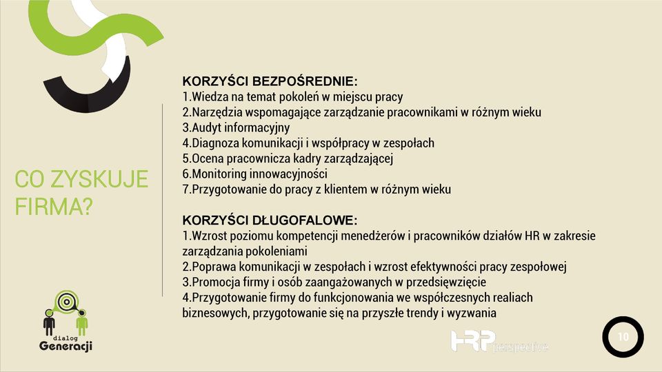 Przygotowanie do pracy z klientem w różnym wieku KORZYŚCI DŁUGOFALOWE: 1.Wzrost poziomu kompetencji menedżerów i pracowników działów HR w zakresie zarządzania pokoleniami 2.