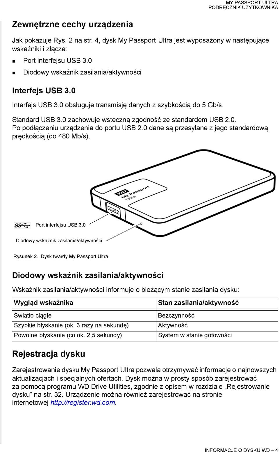 0 dane są przesyłane z jego standardową prędkością (do 480 Mb/s). Port interfejsu USB 3.0 Diodowy wskaźnik zasilania/aktywności Rysunek 2.