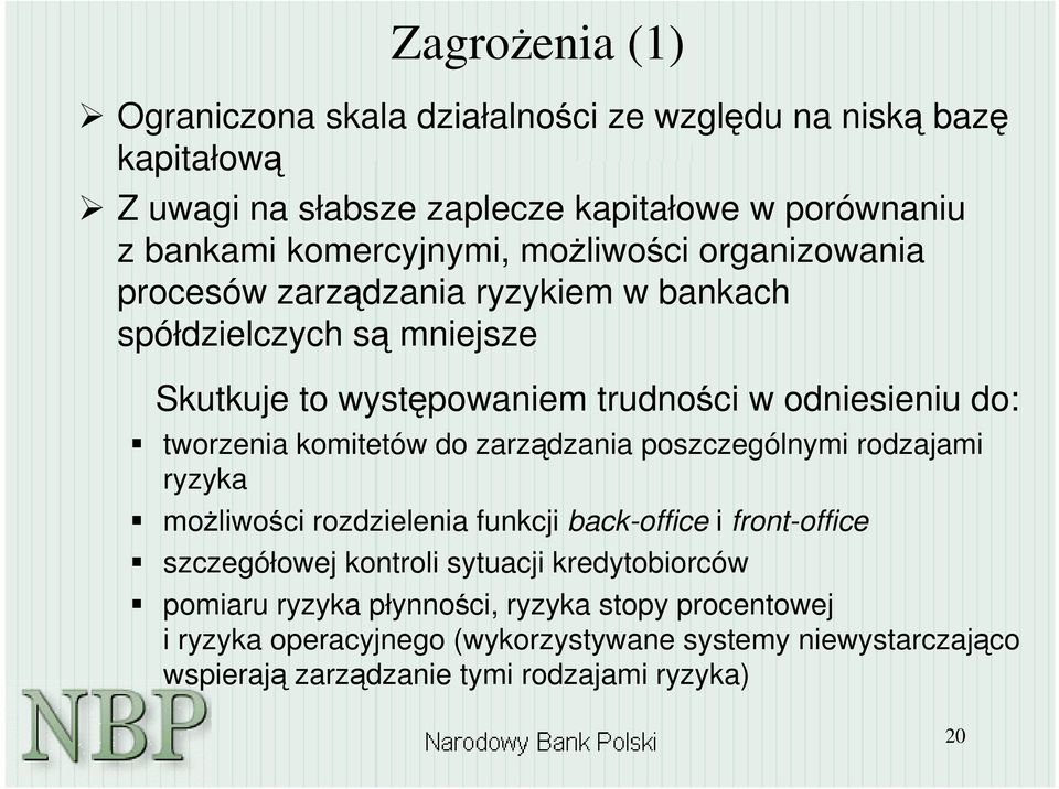komitetów do zarzdzania poszczególnymi rodzajami ryzyka moliwoci rozdzielenia funkcji back-office i front-office szczegółowej kontroli sytuacji