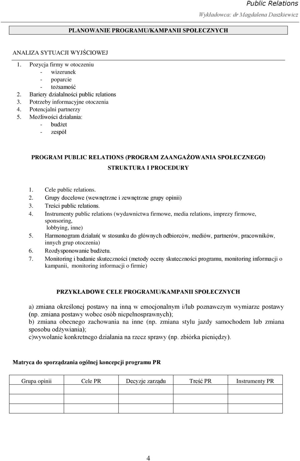 Cele public relations. 2. Grupy docelowe (wewnętrzne i zewnętrzne grupy opinii) 3. Treści public relations. 4.