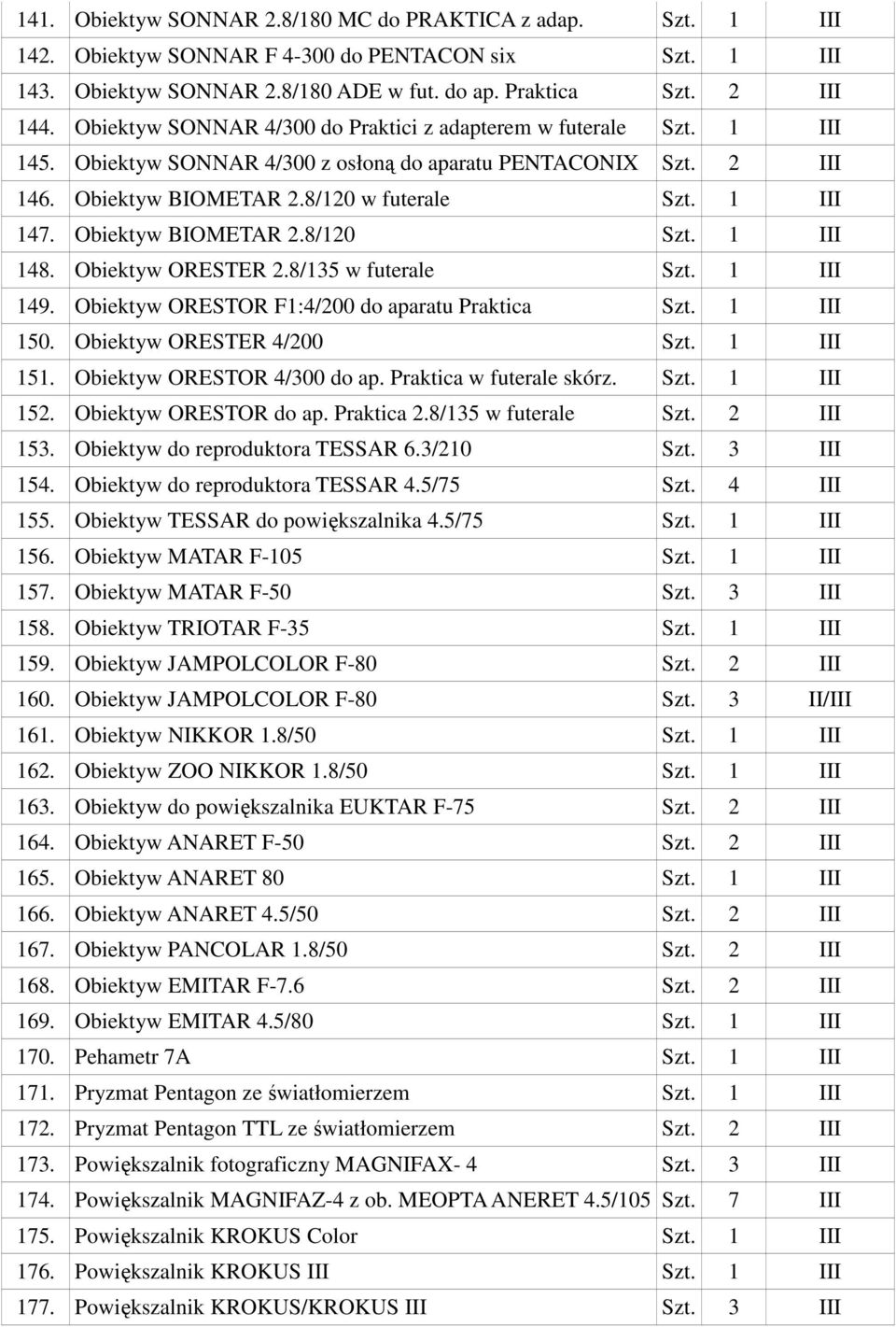 Obiektyw BIOMETAR 2.8/120 Szt. 1 III 148. Obiektyw ORESTER 2.8/135 w futerale Szt. 1 III 149. Obiektyw ORESTOR F1:4/200 do aparatu Praktica Szt. 1 III 150. Obiektyw ORESTER 4/200 Szt. 1 III 151.
