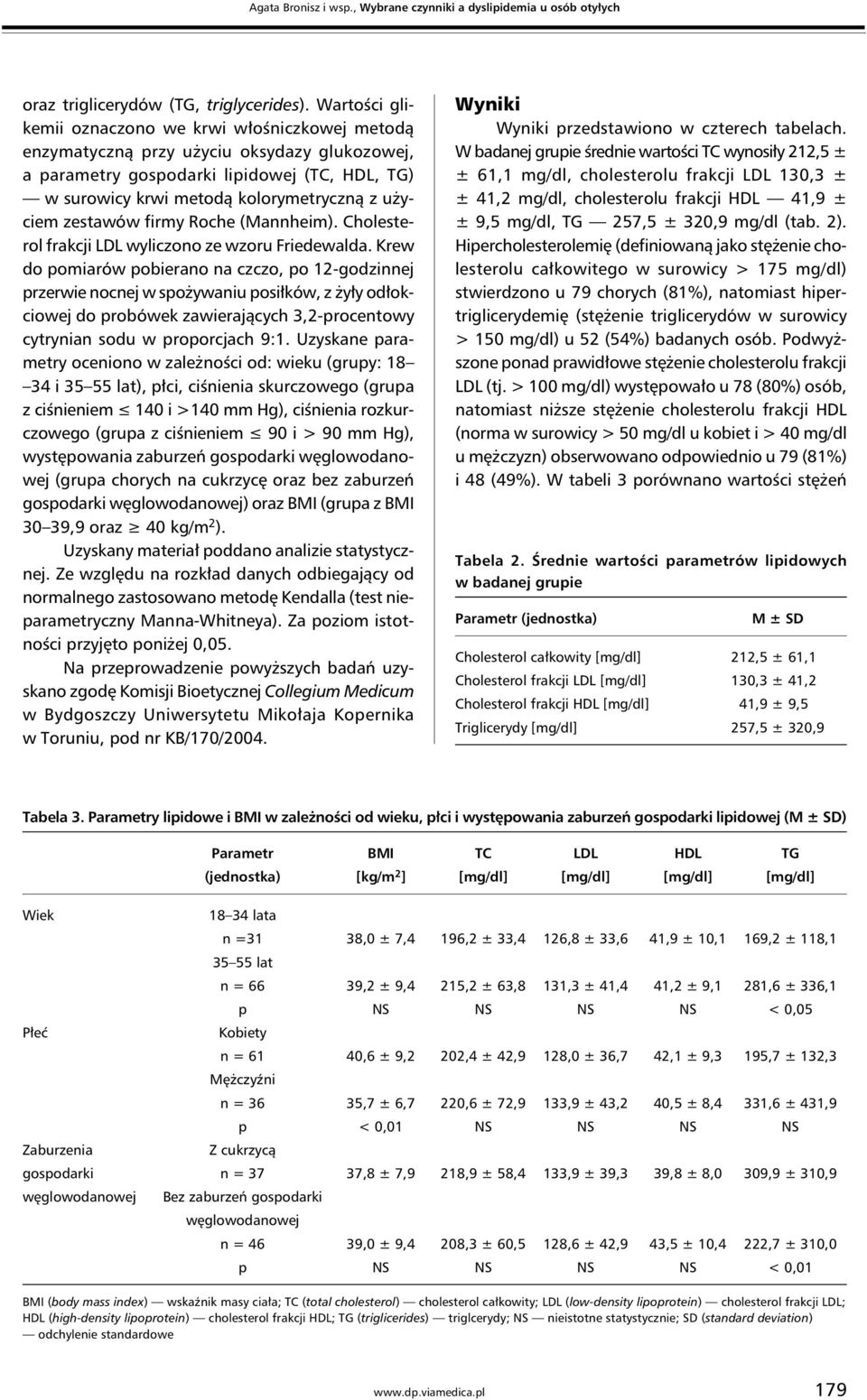 zestawów firmy Roche (Mannheim). Cholesterol frakcji LDL wyliczono ze wzoru Friedewalda.