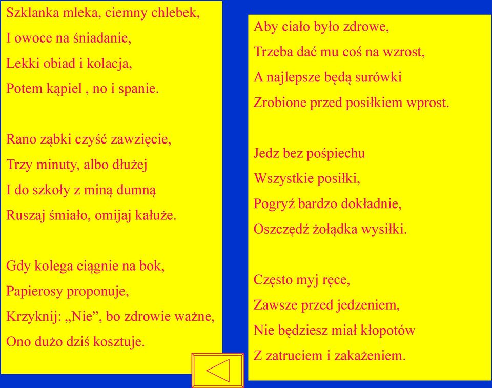 Gdy kolega ciągnie na bok, Papierosy proponuje, Krzyknij: Nie, bo zdrowie ważne, Ono dużo dziś kosztuje.