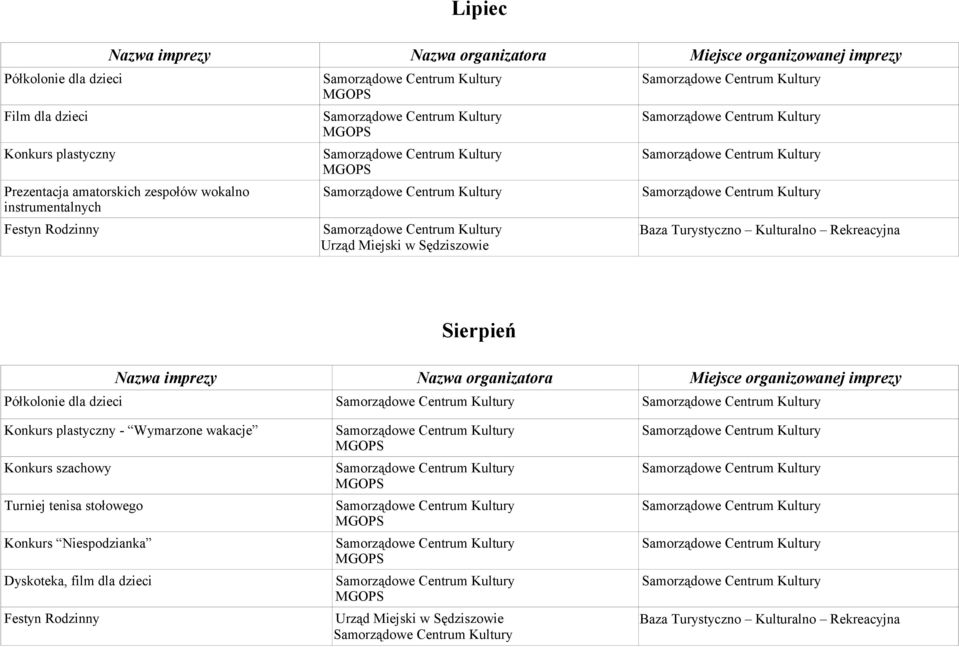 Półkolonie dla dzieci Konkurs plastyczny - Wymarzone wakacje Konkurs szachowy Turniej