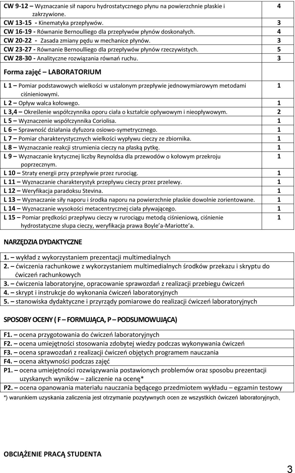 3 Forma zajęć LABORATORIUM L 1 Pomiar podstawowych wielkości w ustalonym przepływie jednowymiarowym metodami 1 ciśnieniowymi. L Opływ walca kołowego.