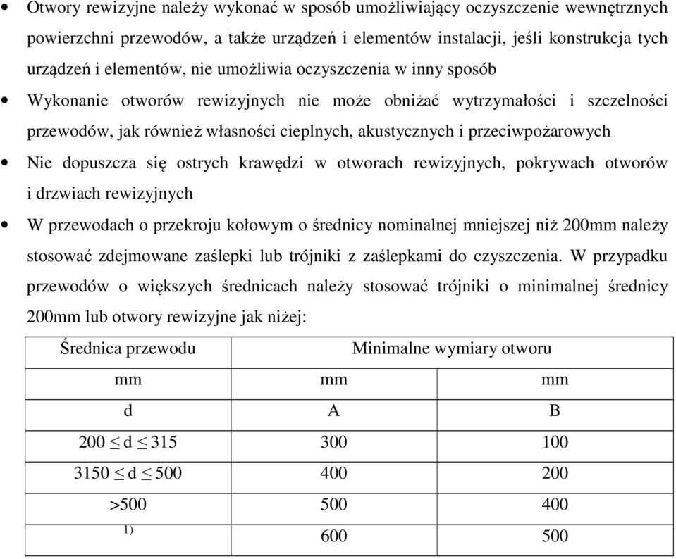 dopuszcza się ostrych krawędzi w otworach rewizyjnych, pokrywach otworów i drzwiach rewizyjnych W przewodach o przekroju kołowym o średnicy nominalnej mniejszej niż 200mm należy stosować zdejmowane