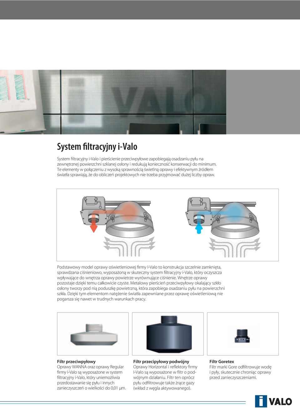 Podstawowy model oprawy oświetleniowej firmy I-Valo to konstrukcja szczelnie zamknięta, sprawdzana ciśnieniowo, wyposażoną w skuteczny system filtracyjny i-valo, który oczyszcza wpływające do wnętrza