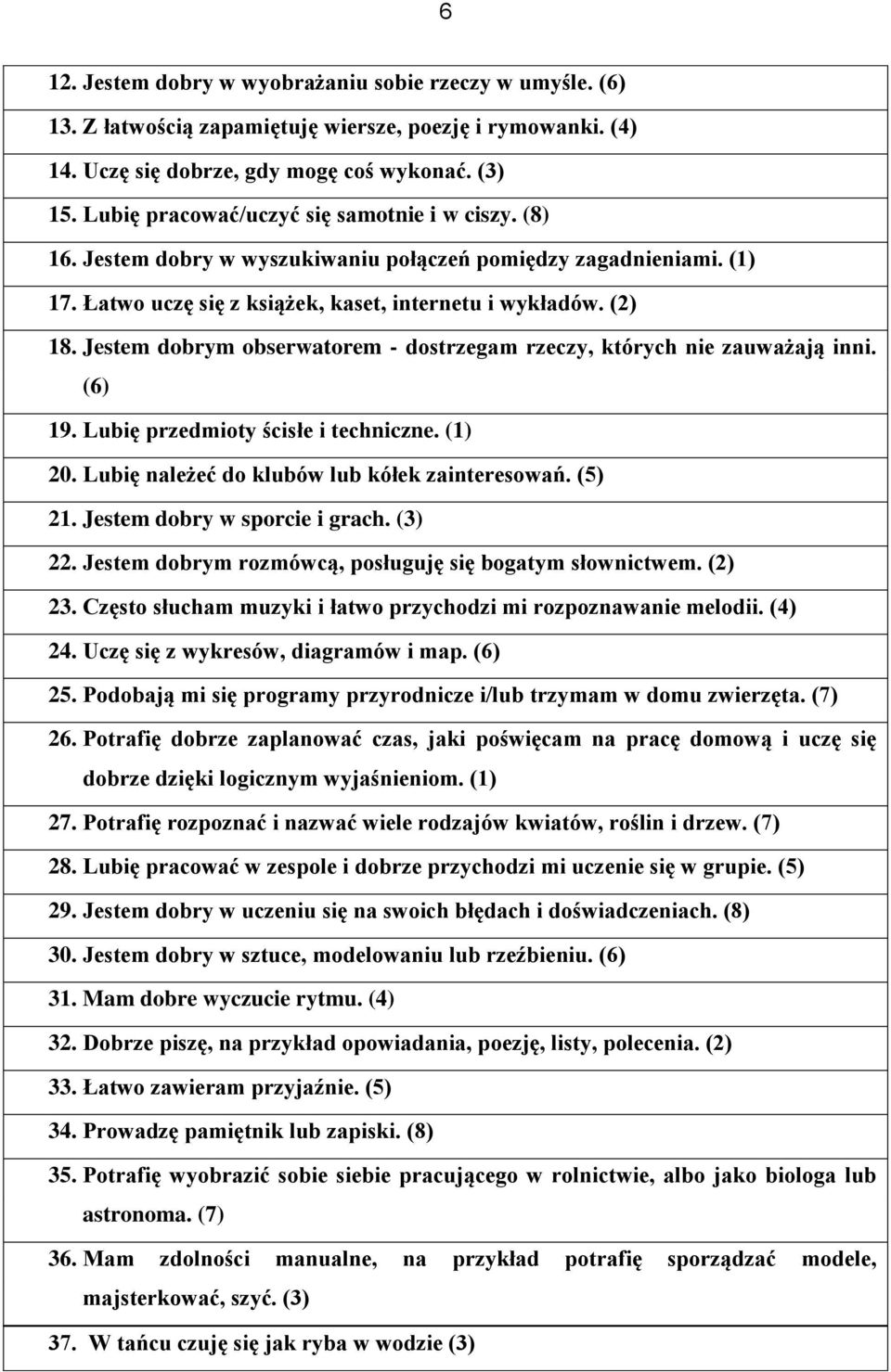 Jestem dobrym obserwatorem - dostrzegam rzeczy, których nie zauważają inni. (6) 19. Lubię przedmioty ścisłe i techniczne. (1) 20. Lubię należeć do klubów lub kółek zainteresowań. (5) 21.