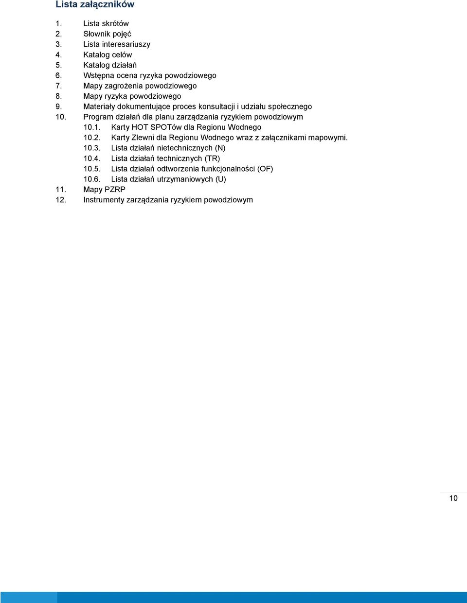 Program działań dla planu zarządzania ryzykiem powodziowym 10.1. Karty HOT SPOTów dla Regionu Wodnego 10.2. Karty Zlewni dla Regionu Wodnego wraz z załącznikami mapowymi.