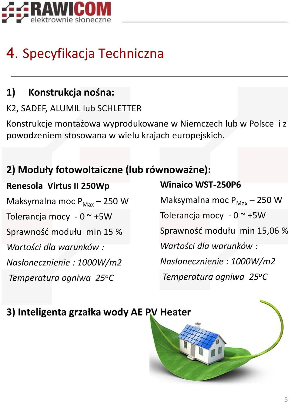 2) Moduły fotowoltaiczne (lub równoważne): Renesola Virtus II 250Wp Winaico WST-250P6 Maksymalna moc P Max 250 W Maksymalna moc P Max 250 W Tolerancja mocy - 0
