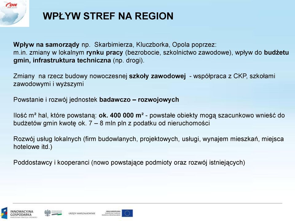 Zmiany na rzecz budowy nowoczesnej szkoły zawodowej - współpraca z CKP, szkołami zawodowymi i wyższymi Powstanie i rozwój jednostek badawczo rozwojowych Ilość m² hal, które