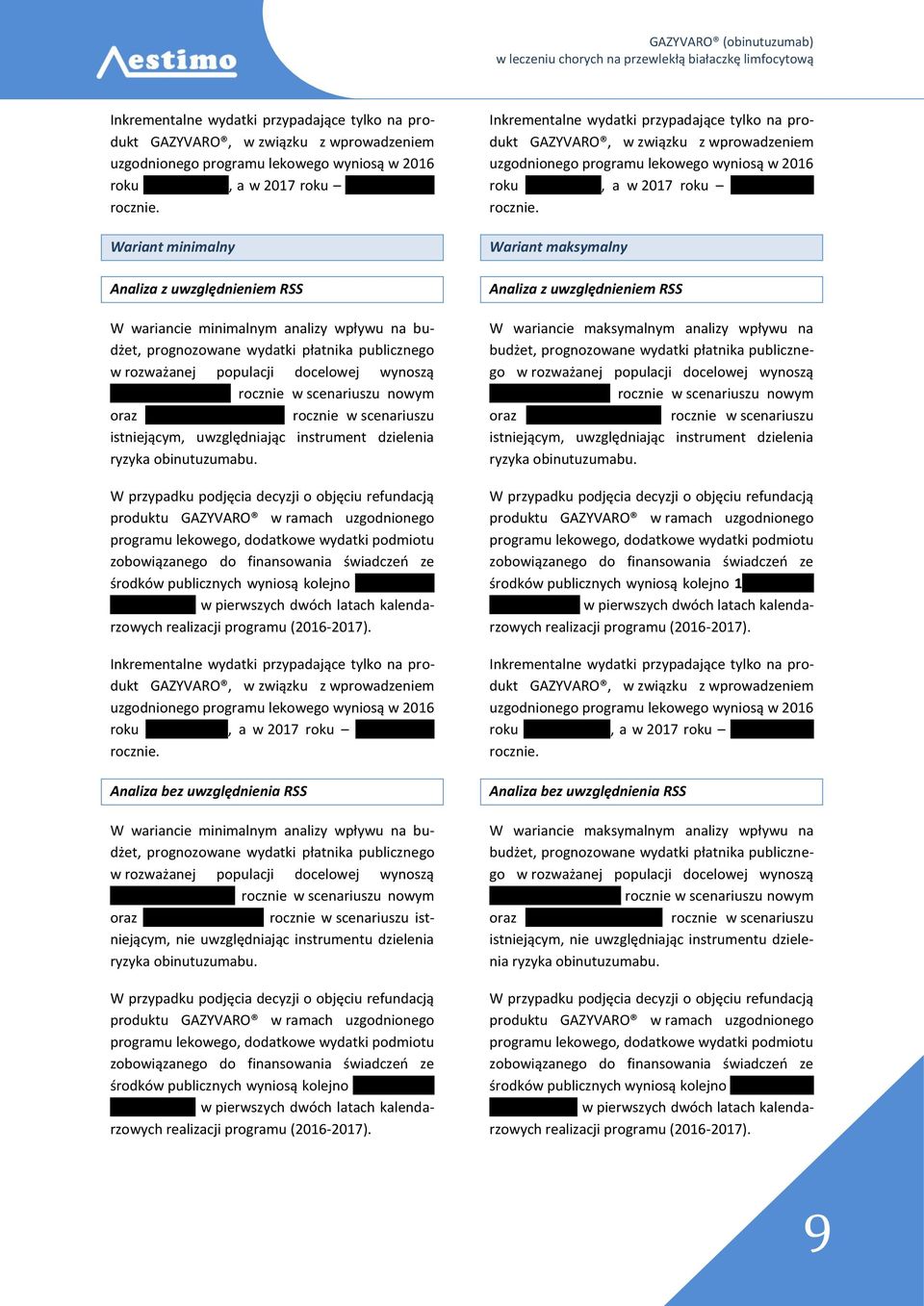 Wariant minimalny Analiza z uwzględnieniem RSS W wariancie minimalnym analizy wpływu na budżet, prognozowane wydatki płatnika publicznego w rozważanej populacji docelowej wynoszą '''''''''''''''''''