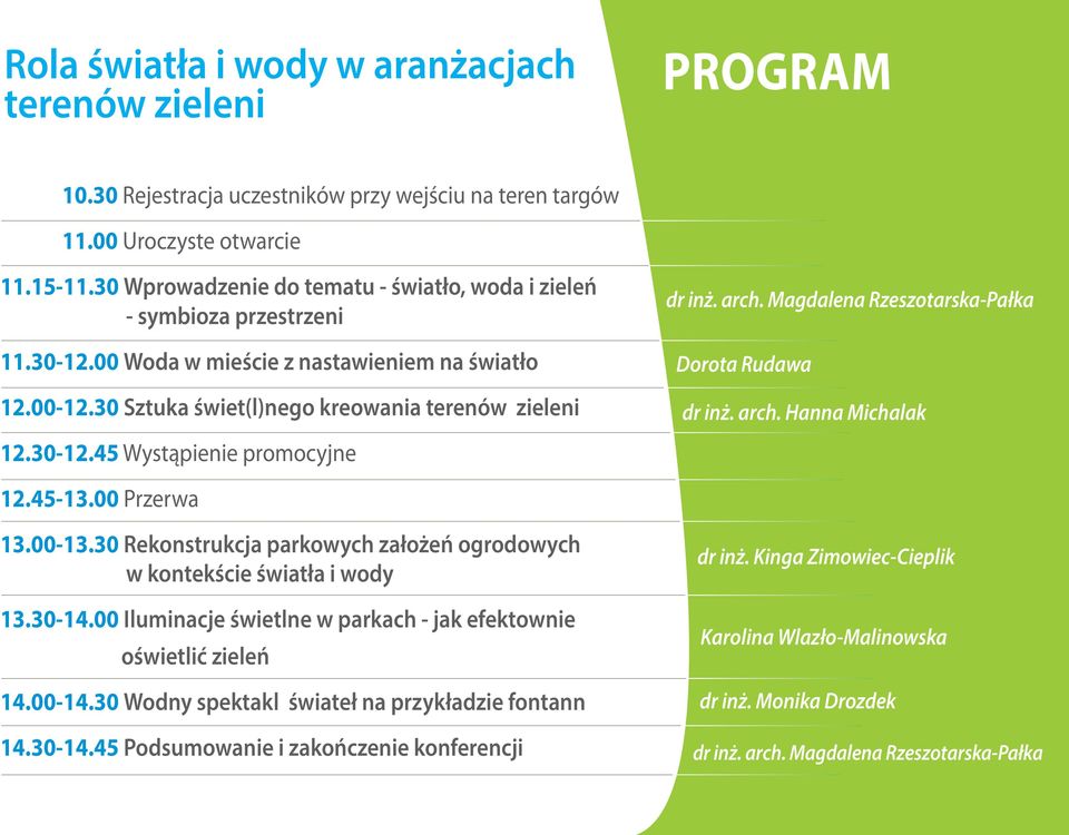 Magdalena Rzeszotarska-Pałka Dorota Rudawa dr inż. arch. Hanna Michalak 12.30-12.45 Wystąpienie promocyjne 12.45-13.00 Przerwa 13.00-13.