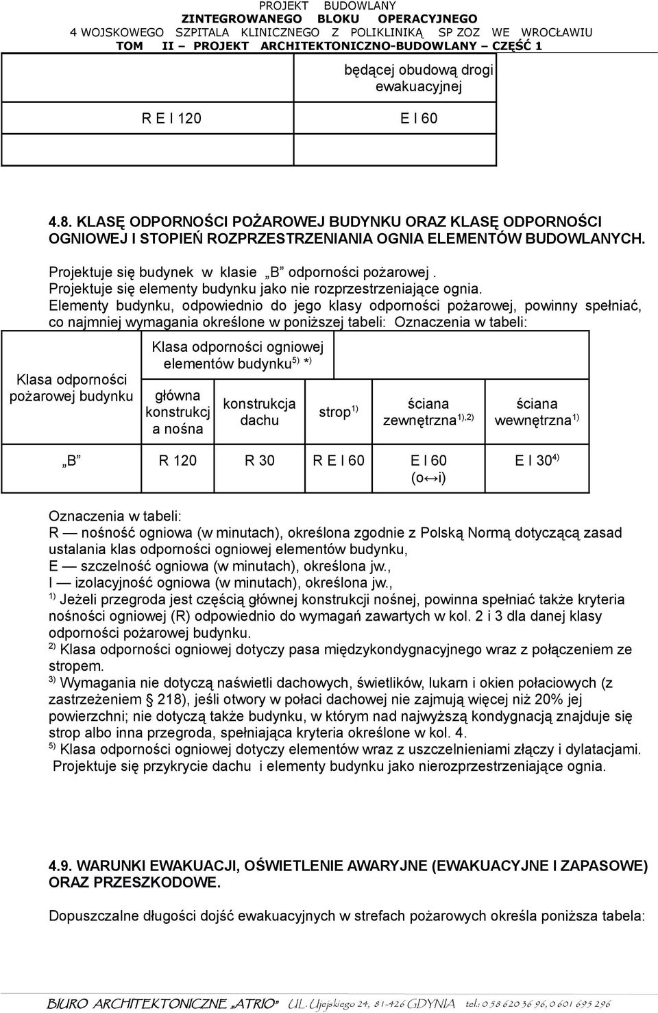 Elementy budynku, odpowiednio do jego klasy odporności pożarowej, powinny spełniać, co najmniej wymagania określone w poniższej tabeli: Oznaczenia w tabeli: Klasa odporności pożarowej budynku Klasa