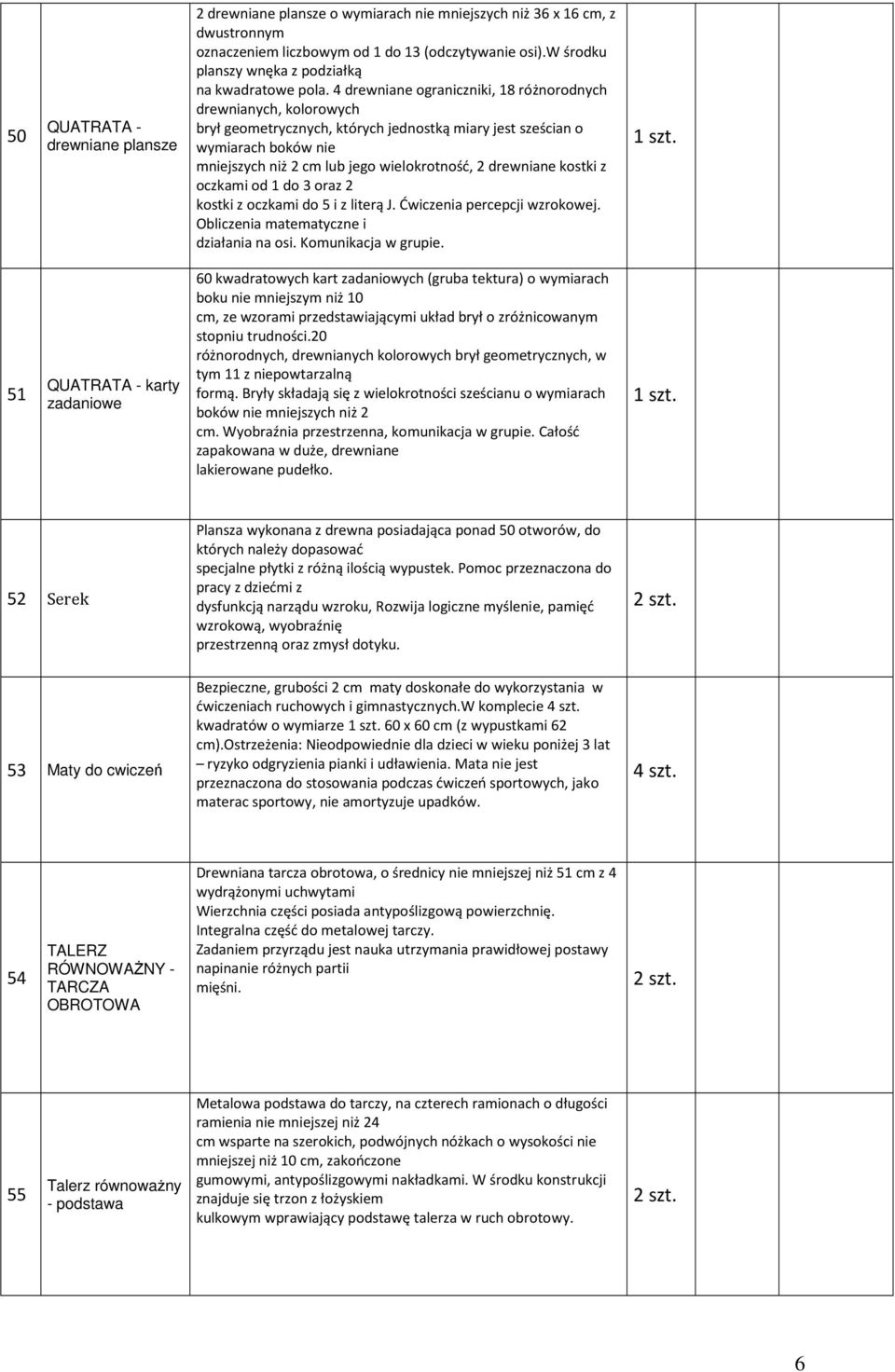 4 drewniane ograniczniki, 18 różnorodnych drewnianych, kolorowych brył geometrycznych, których jednostką miary jest sześcian o wymiarach boków nie mniejszych niż 2 cm lub jego wielokrotność, 2