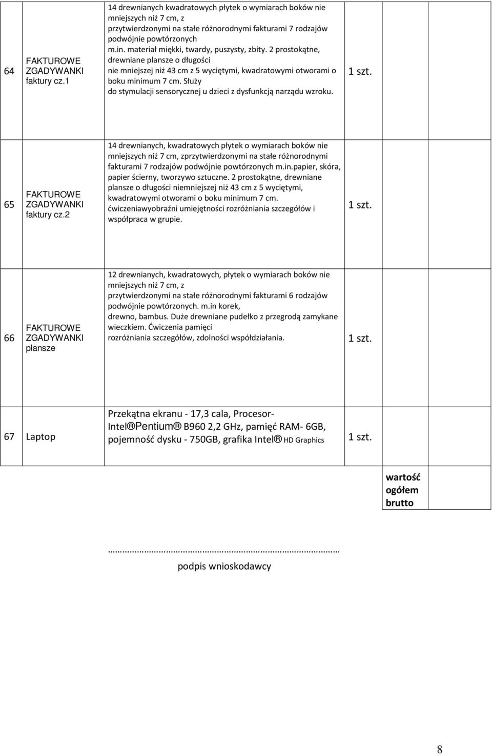 materiał miękki, twardy, puszysty, zbity. 2 prostokątne, drewniane plansze o długości nie mniejszej niż 43 cm z 5 wyciętymi, kwadratowymi otworami o boku minimum 7 cm.