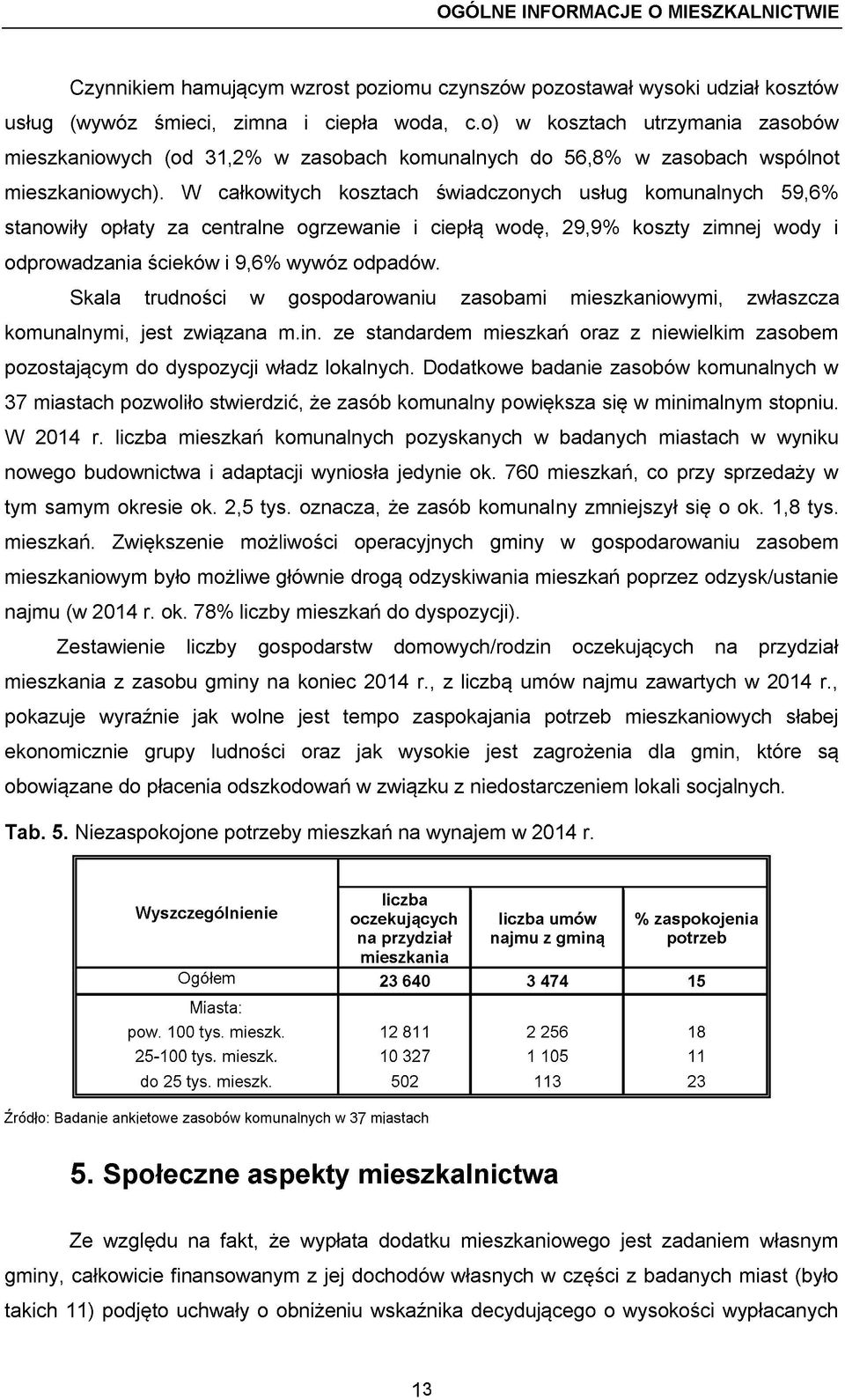 W całkowitych kosztach świadczonych usług komunalnych 59,6% stanowiły opłaty za centralne ogrzewanie i ciepłą wodę, 29,9% koszty zimnej wody i odprowadzania ścieków i 9,6% wywóz odpadów.