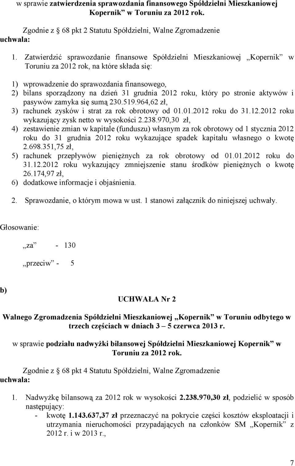 grudnia 2012 roku, który po stronie aktywów i pasywów zamyka się sumą 230.519.964,62 zł, 3) rachunek zysków i strat za rok obrotowy od 01.01.2012 roku do 31.12.2012 roku wykazujący zysk netto w wysokości 2.