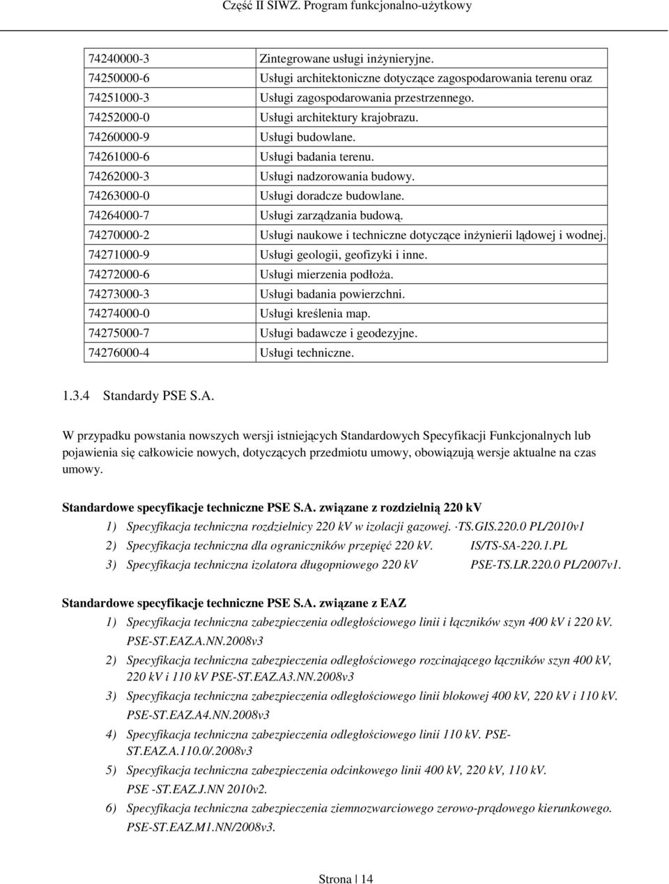 74264000-7 Usługi zarządzania budową. 74270000-2 Usługi naukowe i techniczne dotyczące inżynierii lądowej i wodnej. 74271000-9 Usługi geologii, geofizyki i inne. 74272000-6 Usługi mierzenia podłoża.
