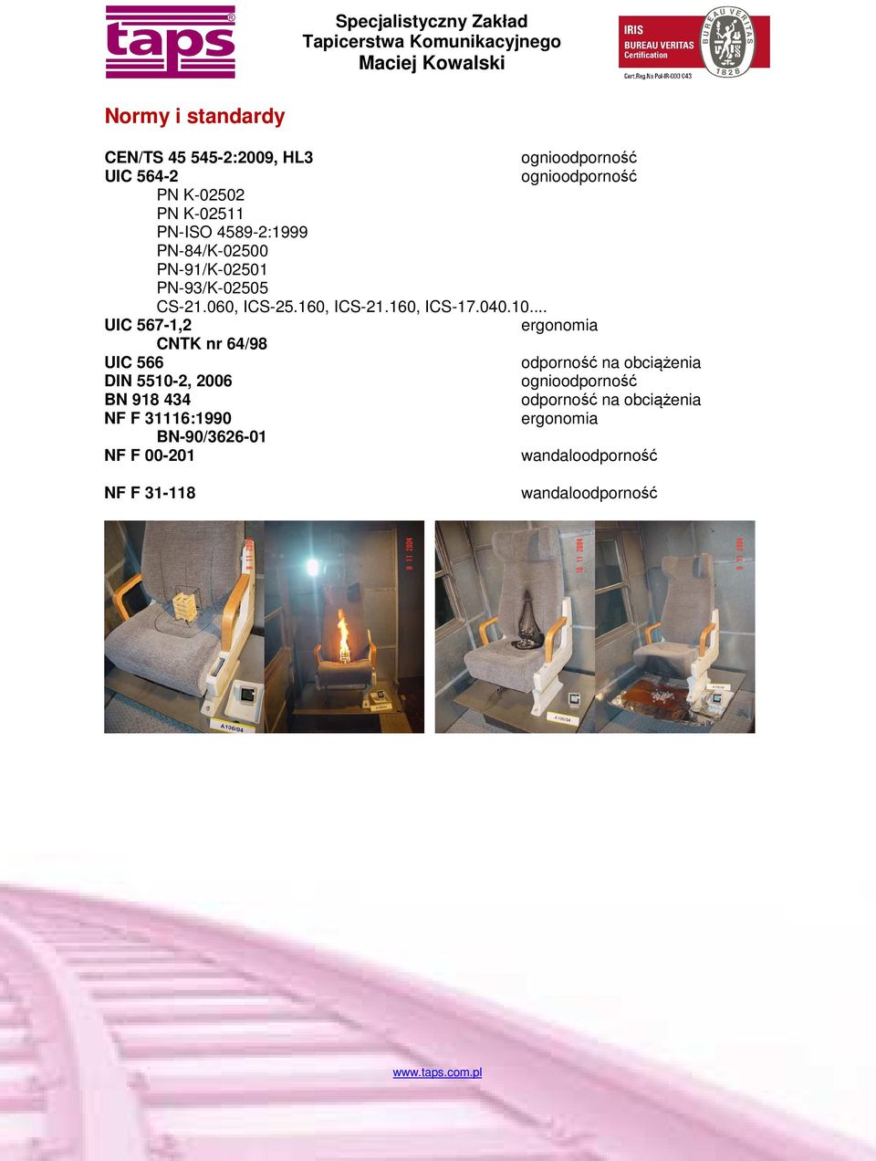 .. UIC 567-1,2 ergonomia CNTK nr 64/98 UIC 566 odporność na obciążenia DIN 5510-2, 2006 ognioodporność BN 918