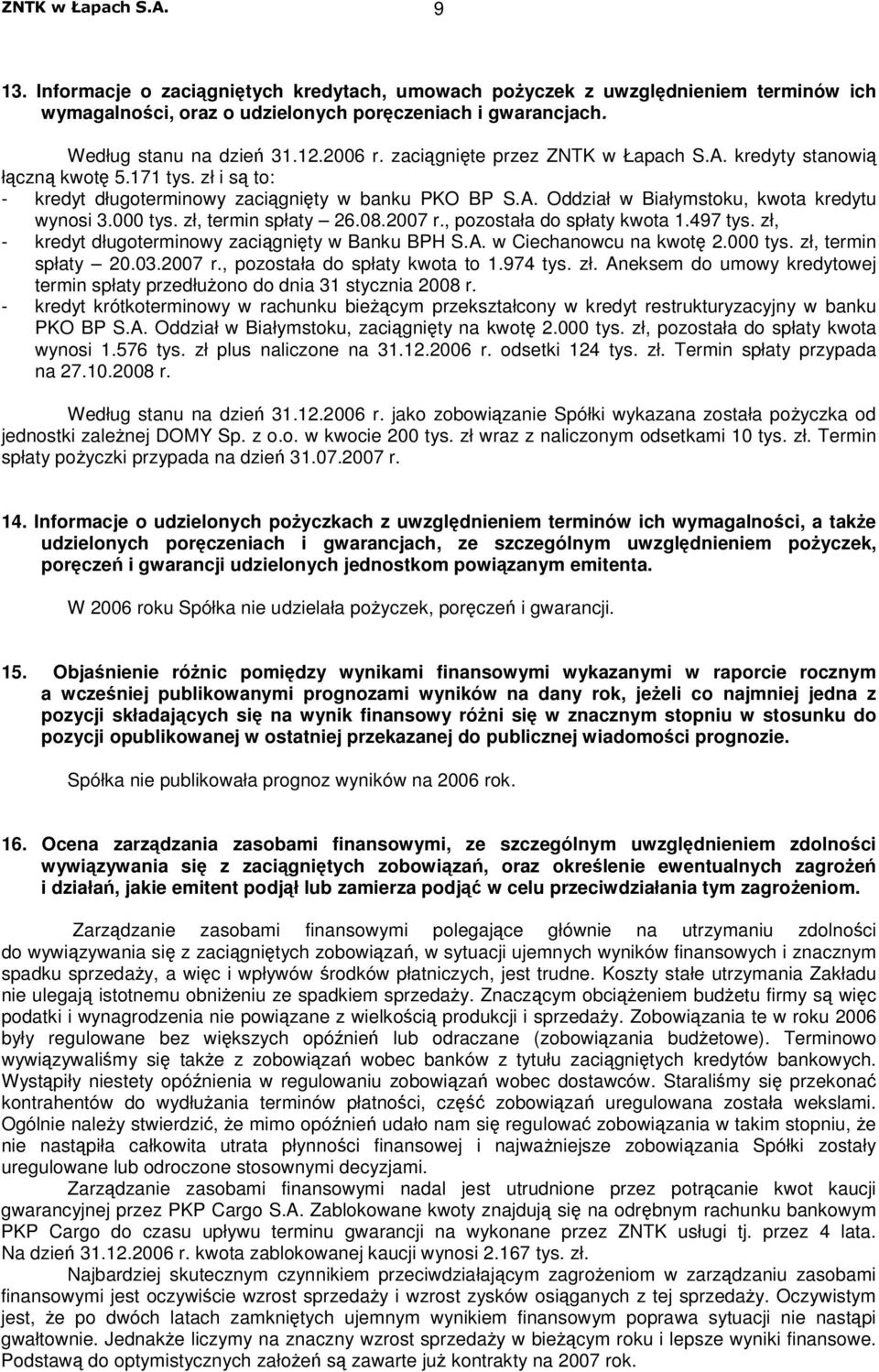 zł, termin spłaty 26.08.2007 r., pozostała do spłaty kwota 1.497 tys. zł, - kredyt długoterminowy zacignity w Banku BPH S.A. w Ciechanowcu na kwot 2.000 tys. zł, termin spłaty 20.03.2007 r., pozostała do spłaty kwota to 1.