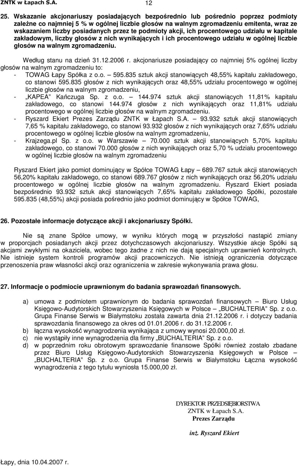 przez te podmioty akcji, ich procentowego udziału w kapitale zakładowym, liczby głosów z nich wynikajcych i ich procentowego udziału w ogólnej liczbie głosów na walnym zgromadzeniu.