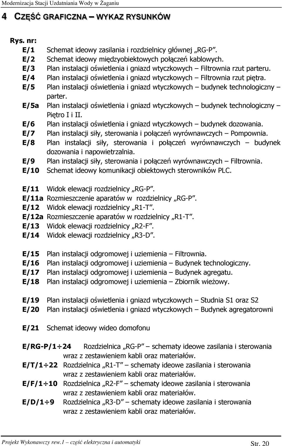 E/4 Plan instalacji oświetlenia i gniazd wtyczkowych Filtrownia rzut piętra. E/5 Plan instalacji oświetlenia i gniazd wtyczkowych budynek technologiczny parter.