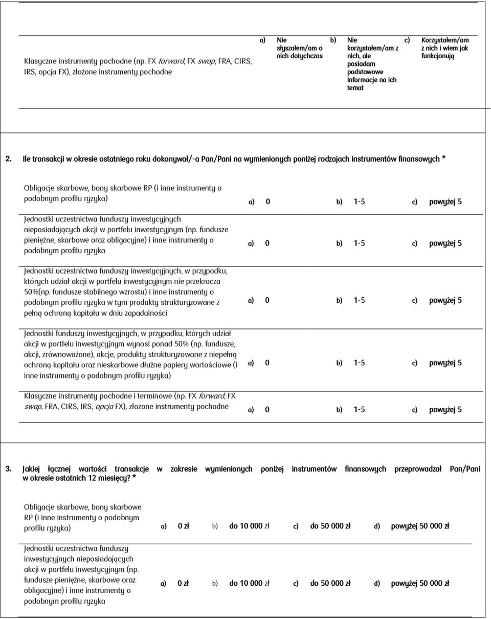 profilu ryzyka) a) 0 b) 1-5 c) powyżej 5 Jednostki uczestnictwa funduszy inwestycyjnych nieposiadających akcji w portfelu inwestycyjnym (np.