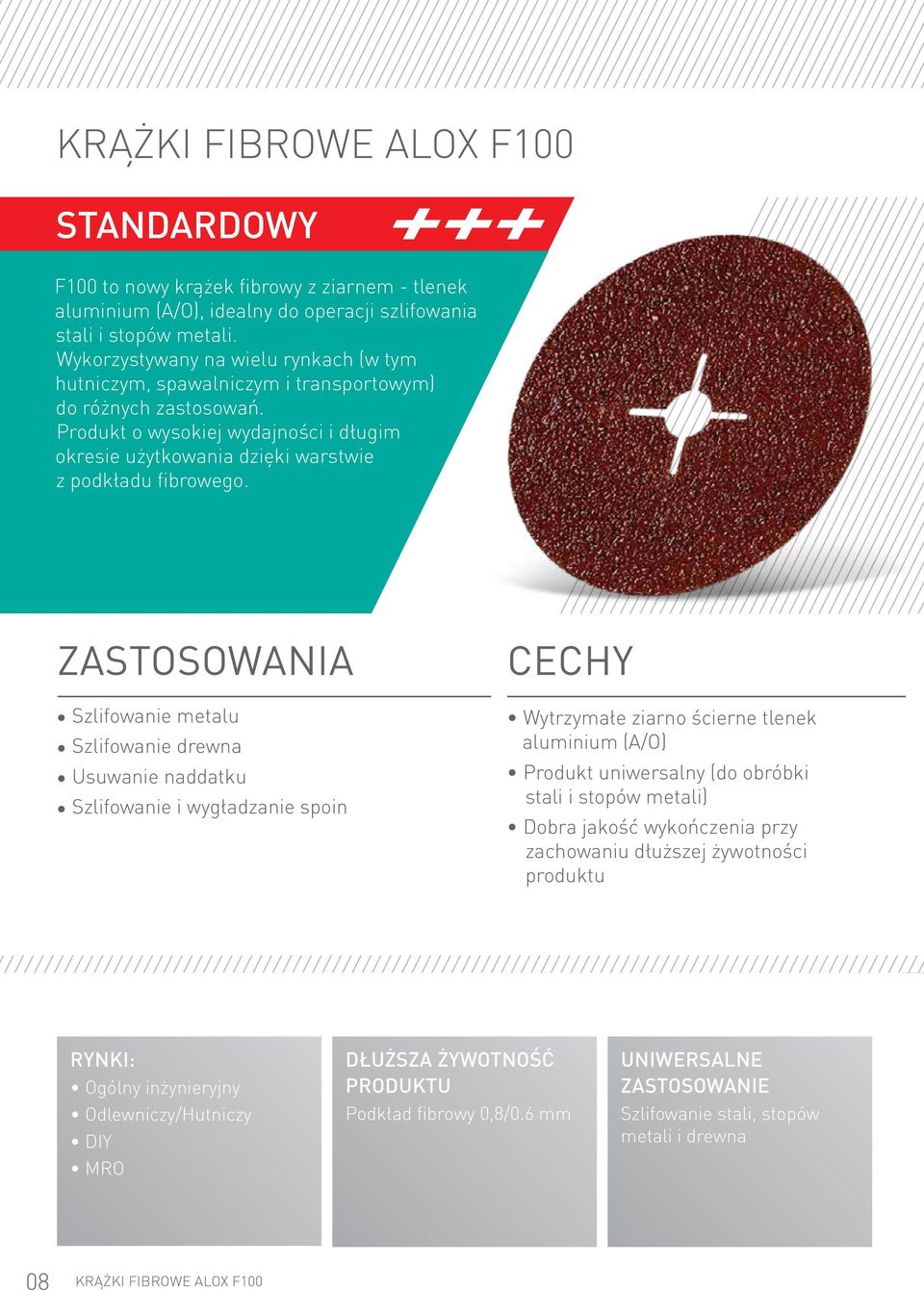 Zastosowania Szlifowanie metalu Szlifowanie drewna Usuwanie naddatku Szlifowanie i wygładzanie spoin cechy Wytrzymałe ziarno ścierne tlenek aluminium (A/O) Produkt uniwersalny (do obróbki stali i