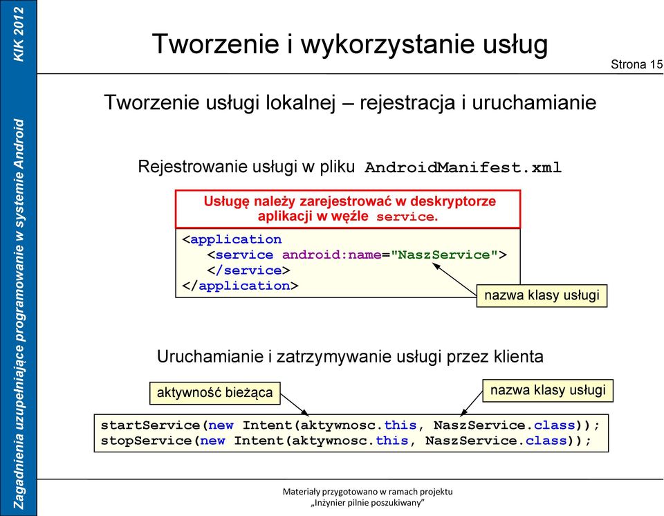 <application <service android:name="naszservice"> </service> </application> nazwa klasy usługi Uruchamianie i