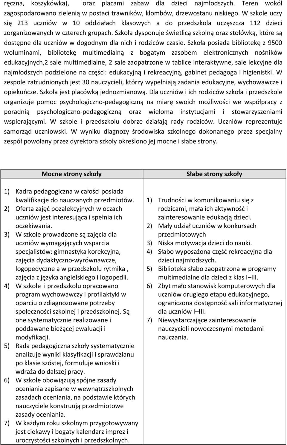 Szkoła dysponuje świetlicą szkolną oraz stołówką, które są dostępne dla uczniów w dogodnym dla nich i rodziców czasie.