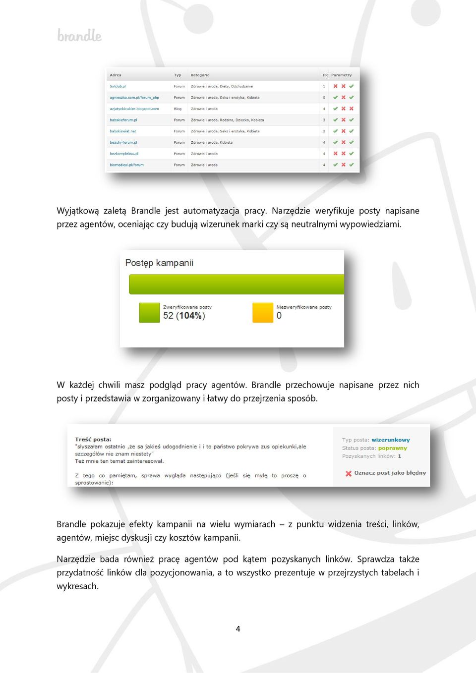 W każdej chwili masz podgląd pracy agentów. Brandle przechowuje napisane przez nich posty i przedstawia w zorganizowany i łatwy do przejrzenia sposób.