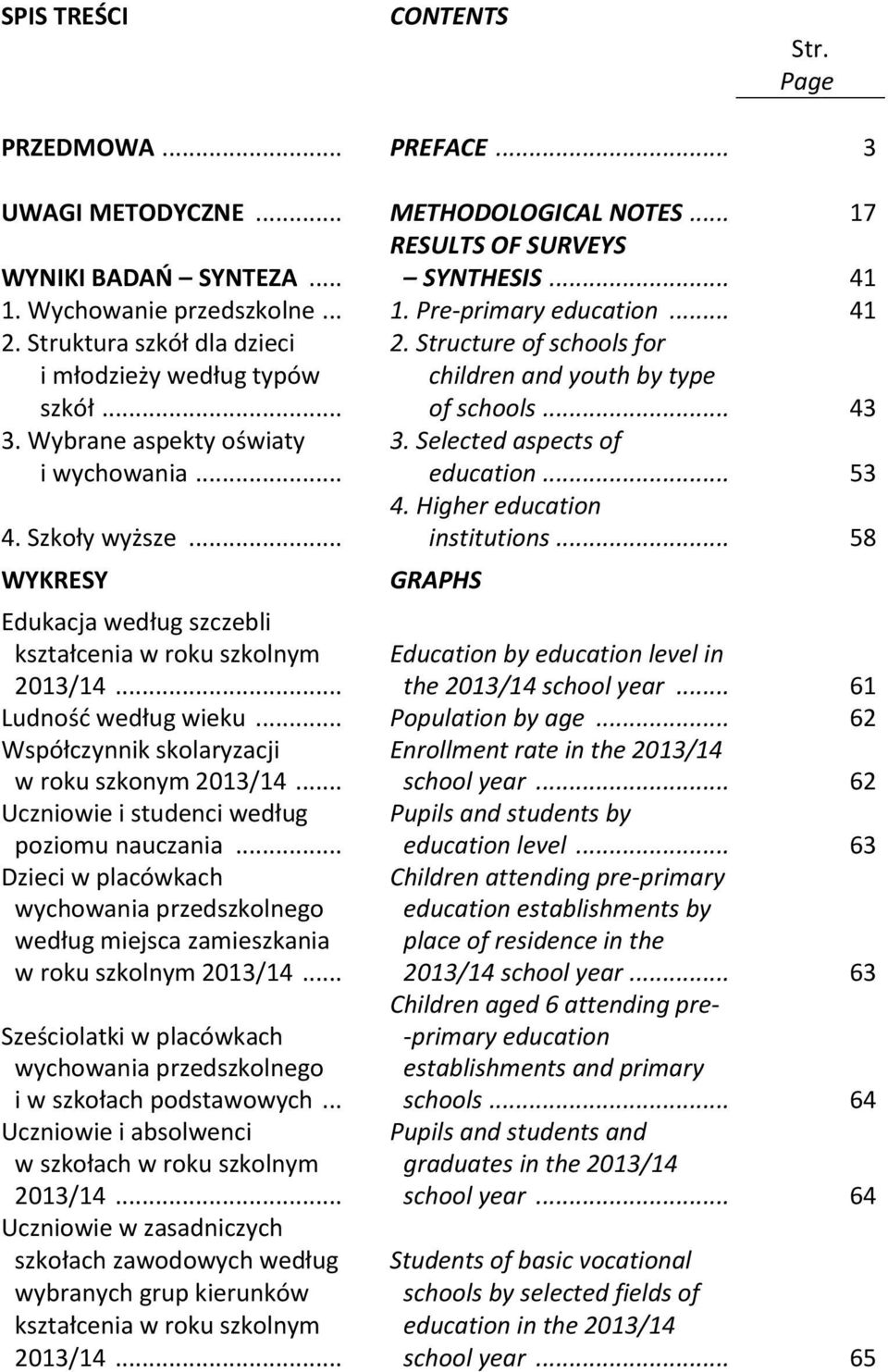 .. WYKRESY 3. Selected aspects of education... 53 4. Higher education institutions... 58 GRAPHS Edukacja według szczebli kształcenia w roku szkolnym 2013/14.
