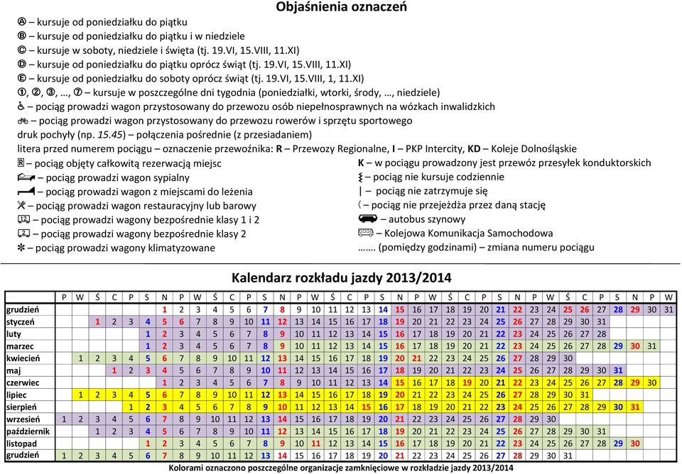 XI) P, Q, R,, V kursuje w poszczególne dni tygodnia (poniedziałki, wtorki, środy,, niedziele) pociąg prowadzi wagon przystosowany do przewozu osób niepełnosprawnych na wózkach inwalidzkich < pociąg