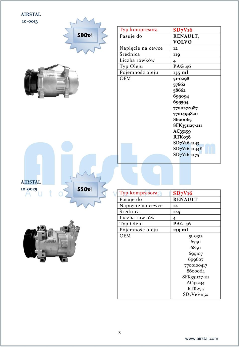 SD7V16-1143E SD7V16-1175 10-0025 550zł Typ kompresora SD7V16 RENAULT Średnica 125 Pojemność oleju