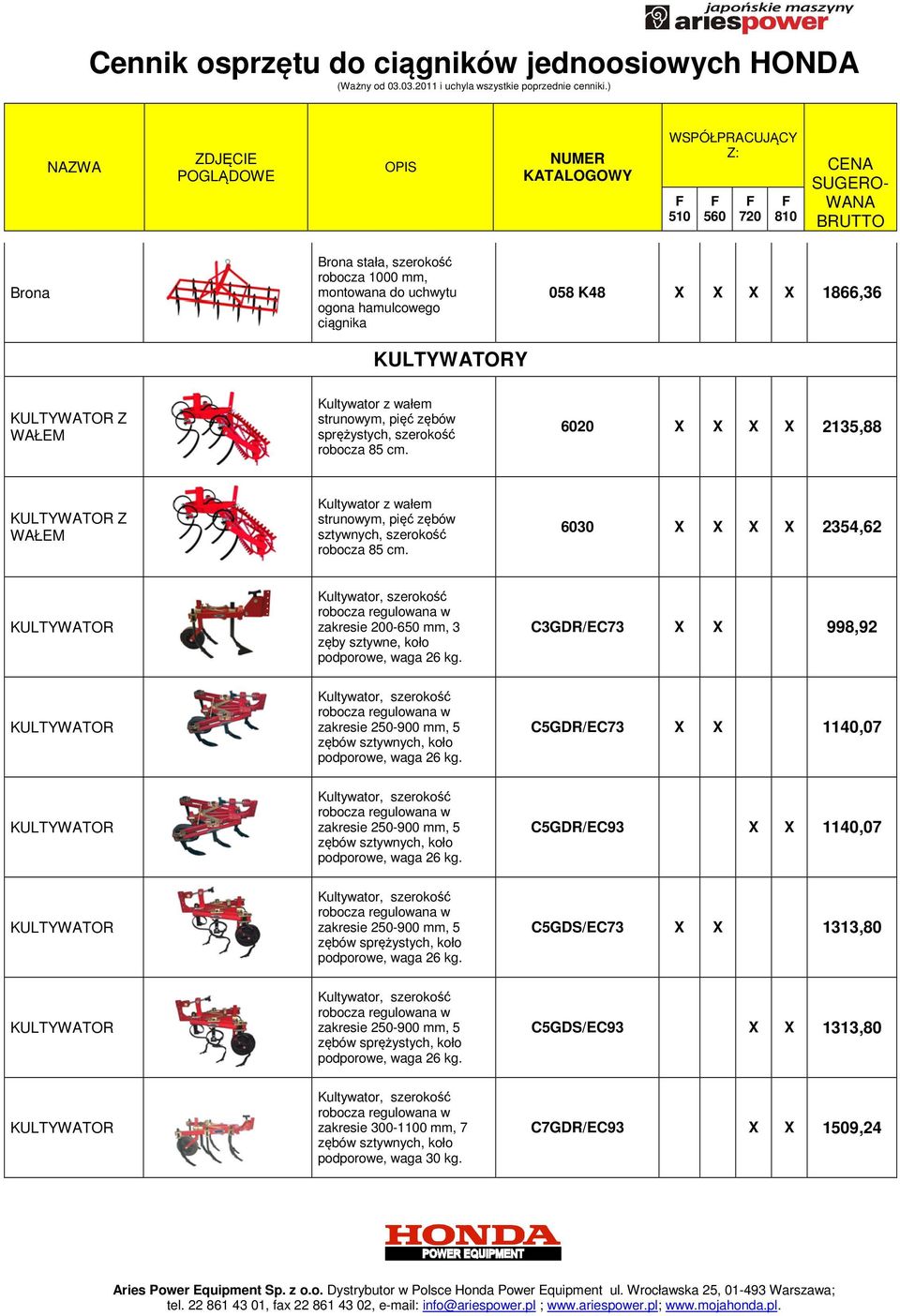 6030 X X X X 2354,62 Kultywator, szerokość robocza regulowana w zakresie 200-650 mm, 3 zęby sztywne, koło podporowe, waga 26 kg.