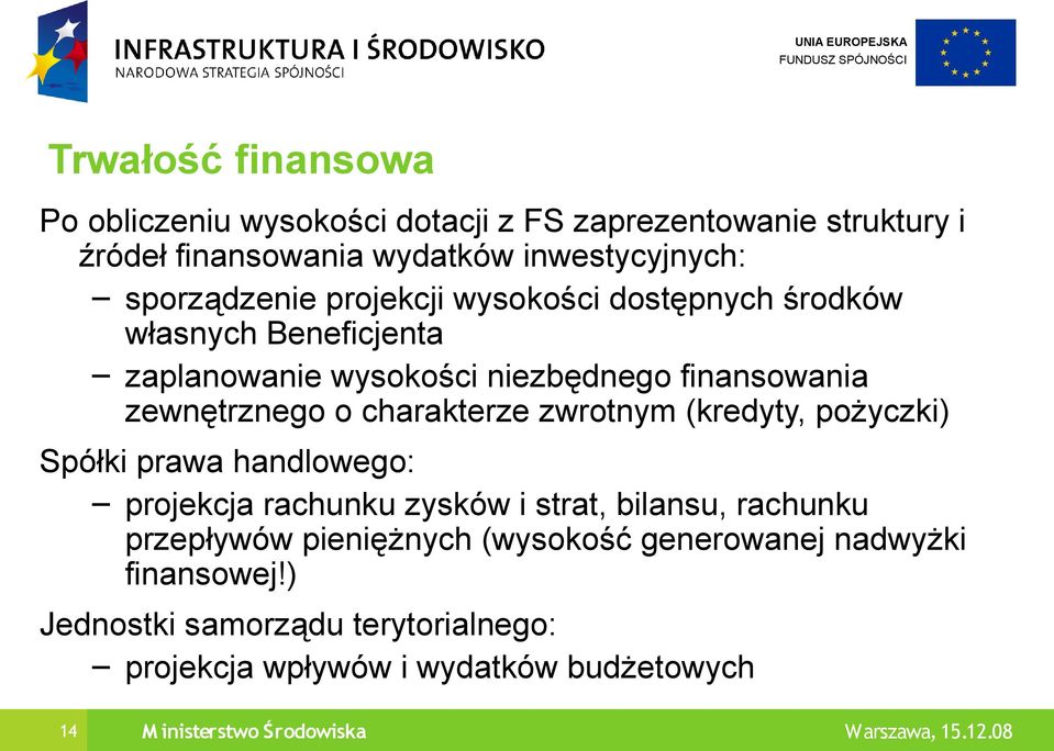 charakterze zwrotnym (kredyty, pożyczki) Spółki prawa handlowego: projekcja rachunku zysków i strat, bilansu, rachunku przepływów