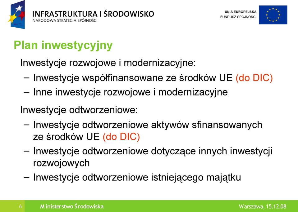 odtworzeniowe aktywów sfinansowanych ze środków UE (do DIC) Inwestycje odtworzeniowe dotyczące