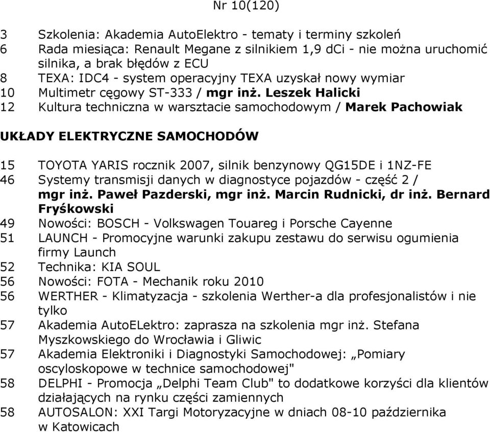 Leszek Halicki 12 Kultura techniczna w warsztacie samochodowym / Marek Pachowiak 15 TOYOTA YARIS rocznik 2007, silnik benzynowy QG15DE i 1NZ-FE 46 Systemy transmisji danych w diagnostyce pojazdów -